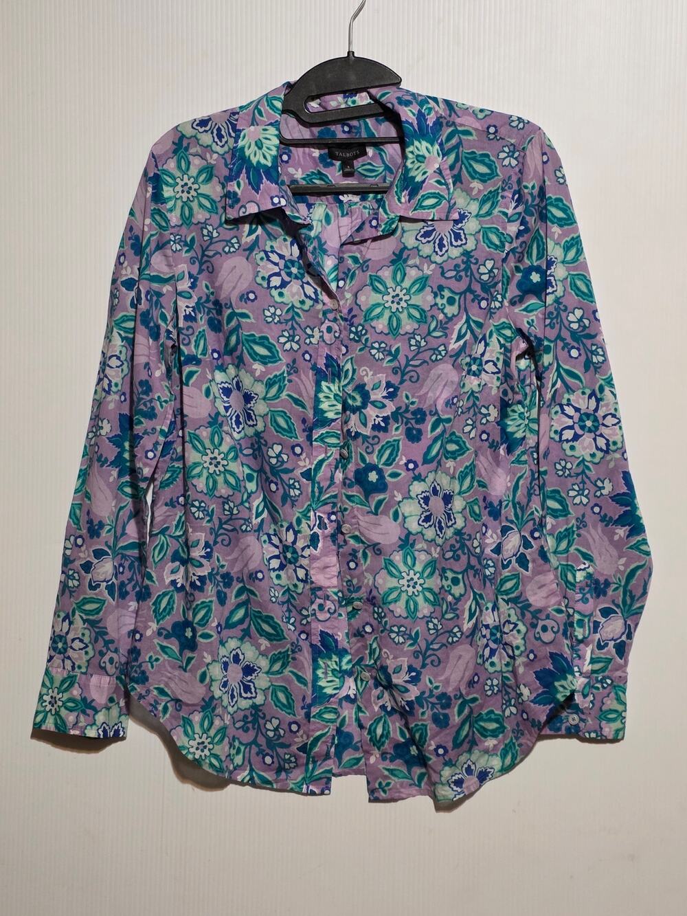 Talbots Purple Floral 100% Cotton Button-Down Shirt Women's S Preppy Botanical